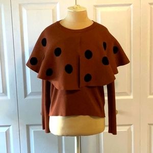 TALK OF THE WALK- Brown w/ Black Polka Dot Sweater- Attached Cape- Size S